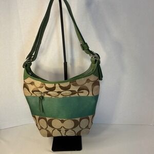 Coach Signature Stripe Hobo Green Tan Canvas Leather Shoulder Bag Large Buckle